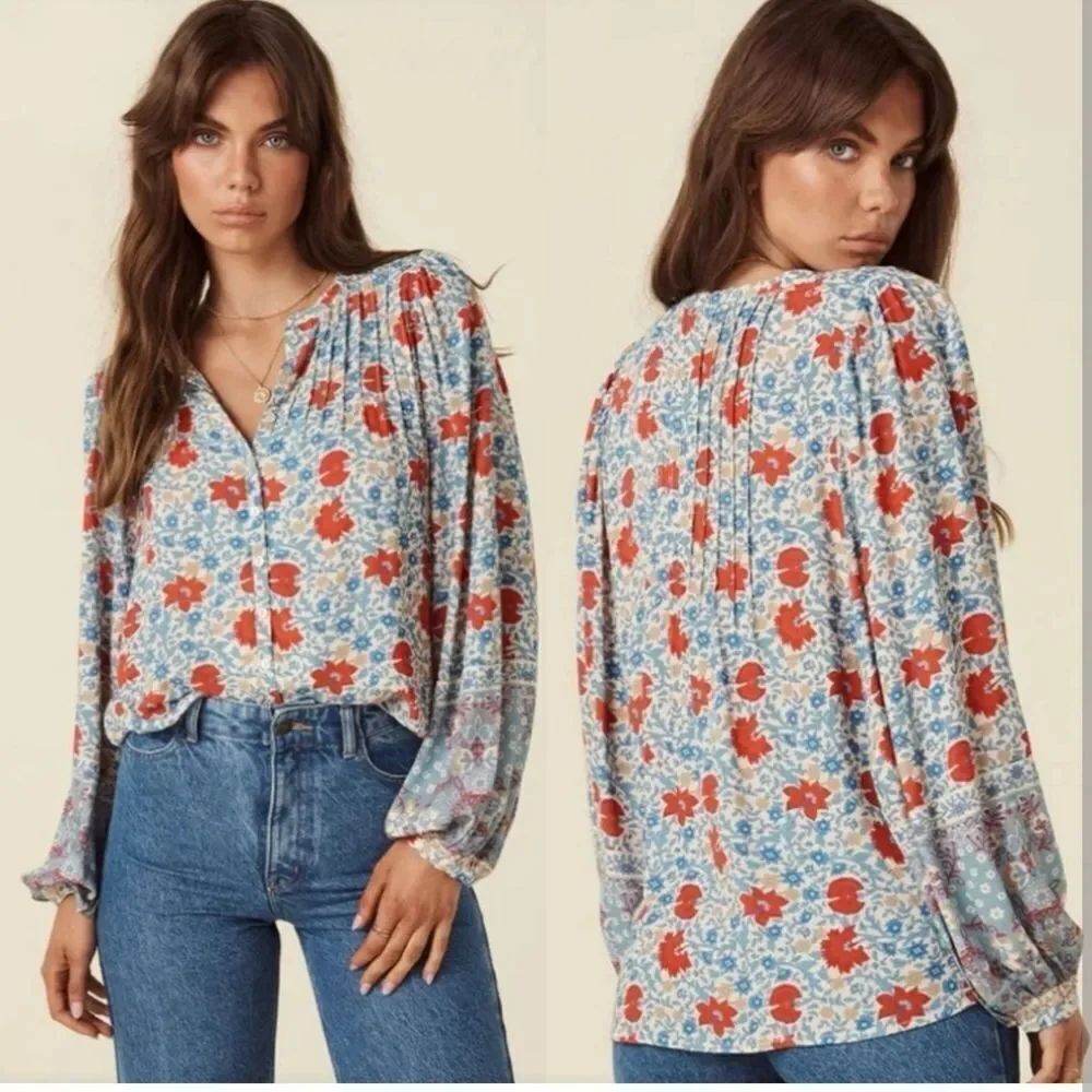 Spell And The Gypsy Village Blouse Balloon Long Sleeve Buttondown Blue Floral XS